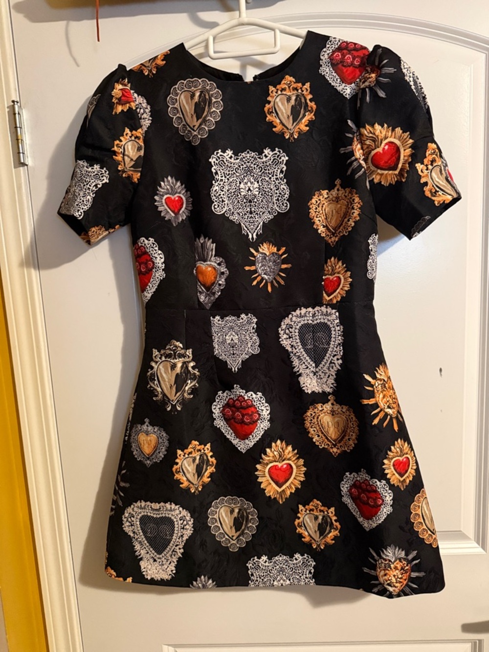 Black Heart-Print Midi Dress with Red & Gold Accents